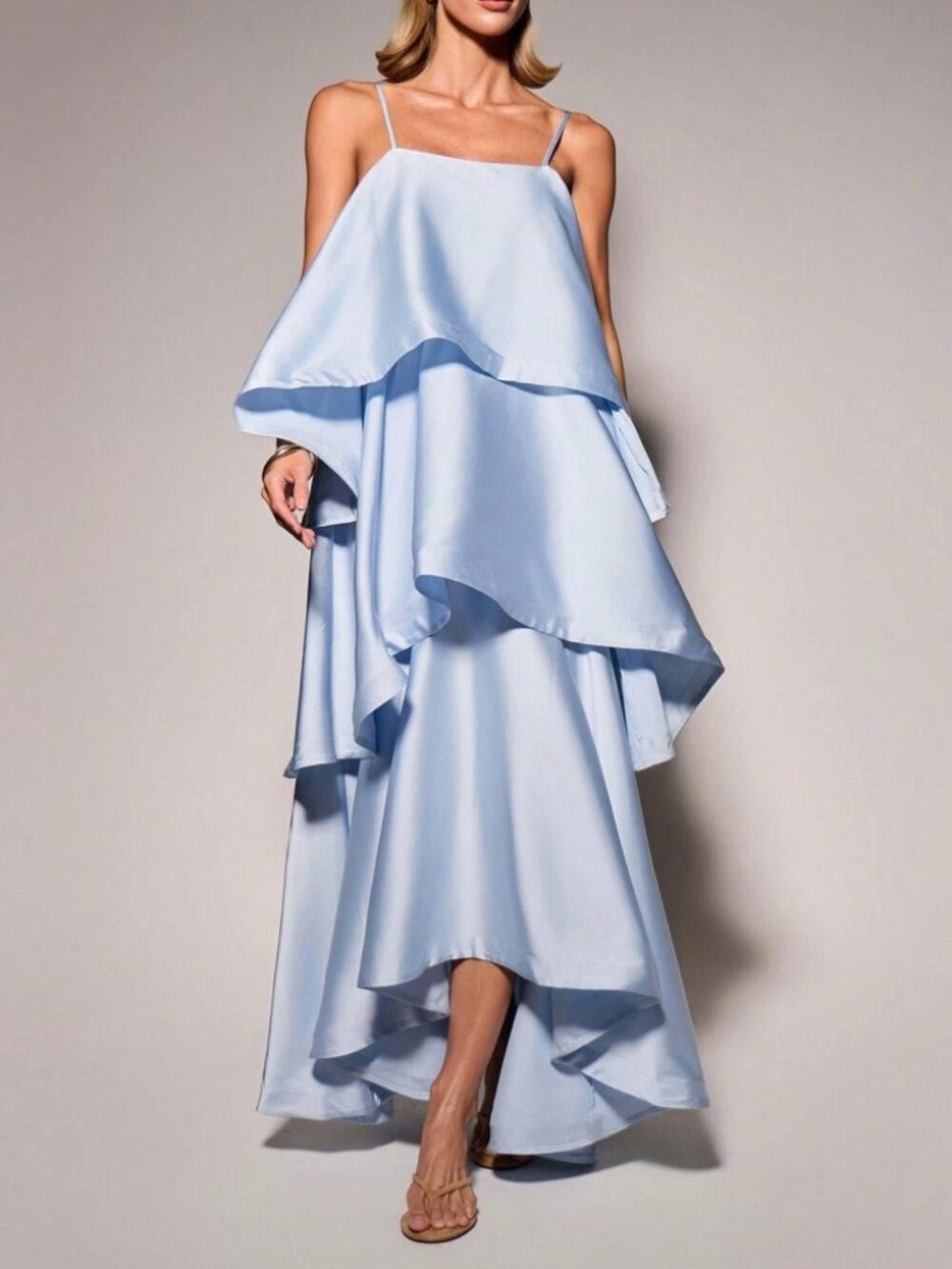 Sky Blue Tiered Cascade Maxi Dress with Spaghetti Straps